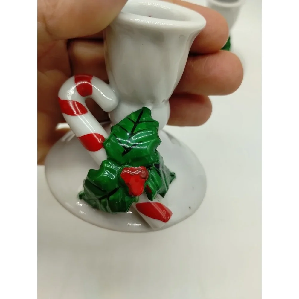 Set Of 2 Christmas Candlesticks Candy Cane Mistletoe White 2.5